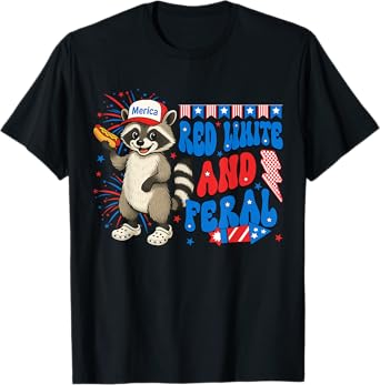 Red White and Feral Funny Raccoon USA 4th Of July Boys Kids T-Shirt
