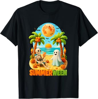 Summer-ween Skeleton Ghost Beach Palm Halloween Summer T-Shirt