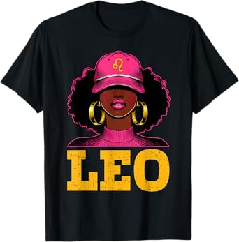 Leo Queen Black Woman With Pink Cap Afro Girl Zodiac T-Shirt