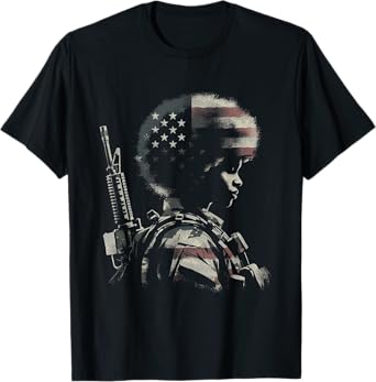 Female Soldier American Flag - Patriotic USA Afro Veteran T-Shirt