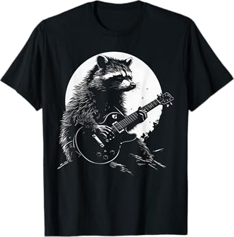 Racoon Playing Guitar with Moon Funny Raccoon Meme Guitarist T-Shirt