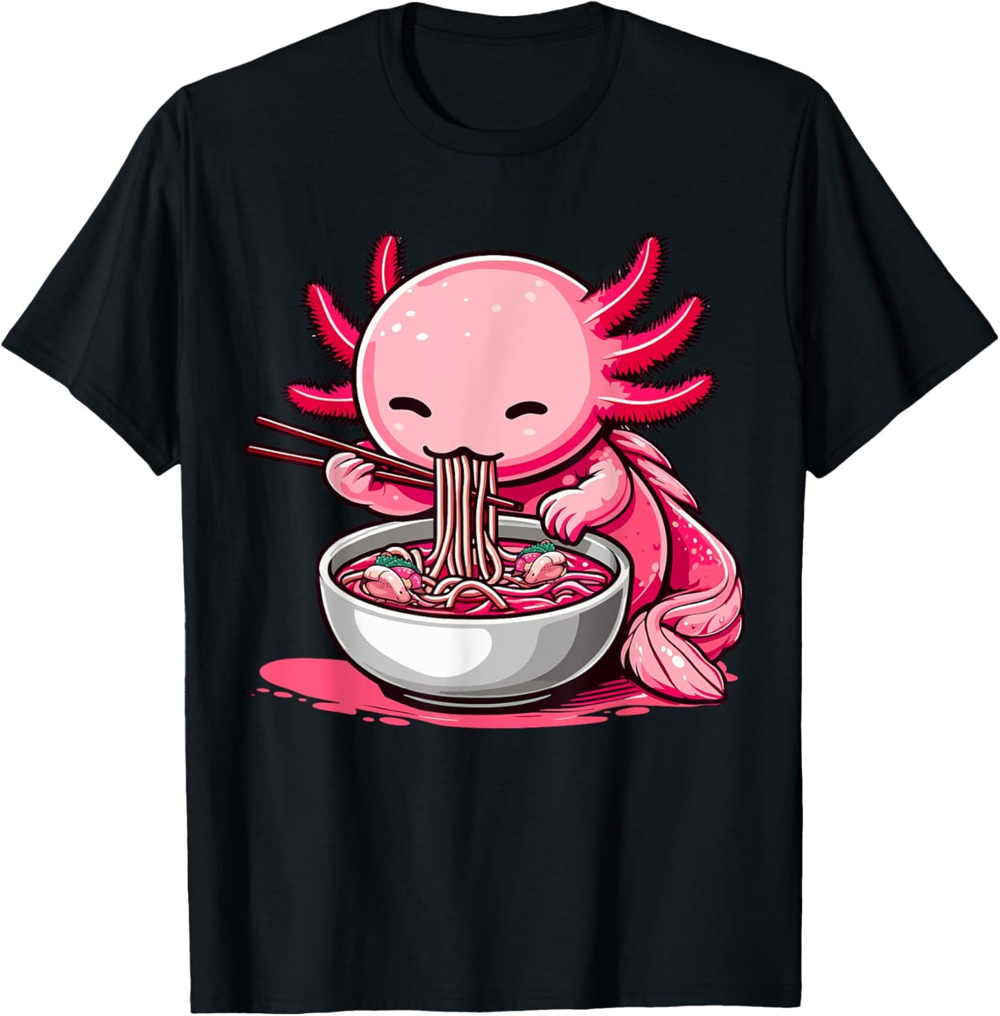 Funny Axolotl Noodle Gifts Anime Kawaii Axolotl Eating Ramen Noodles Unisex Kids Teen Adult T-Shirt Black Small
