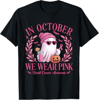 October We Wear Pink Ghost Breast Cancer Awareness Halloween T-Shirt