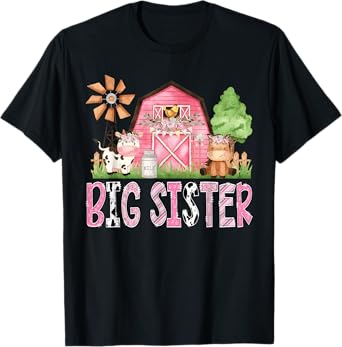 Big Sister Pink Farm Cow Kids Birthday Matching Family T-Shirt