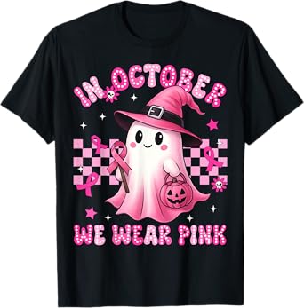 In October We Wear Pink Ghost Witch Breast Cancer Awareness T-Shirt