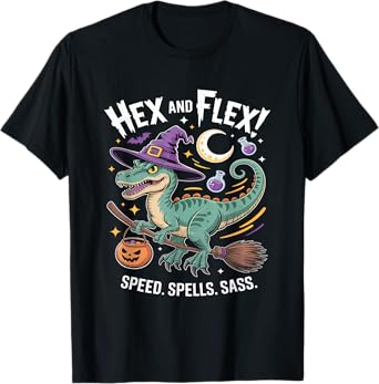 Funny Dino Witch Halloween Hex and Flex Raptor T-Shirt