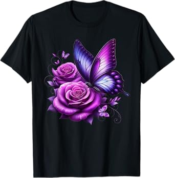 Beautiful Butterfly Purple Rose Butterfly Lovers Gifts Women T-Shirt