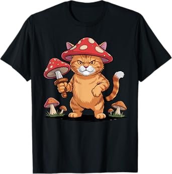 Funny Mushroom Cat Cute Grumpy Cartoon Kitty T-Shirt