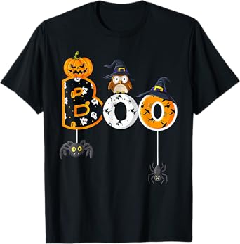 Halloween Boo Owl With Witch Hat Spiders Boys Girls Kids T-Shirt