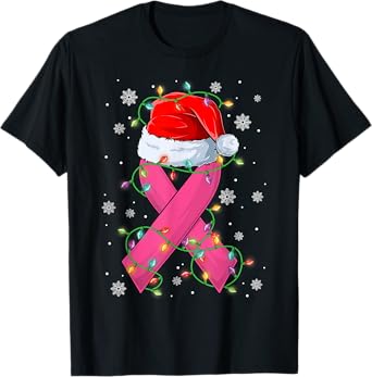 Pink Ribbon Santa Hat Christmas Tree Lights Breast Cancer T-Shirt