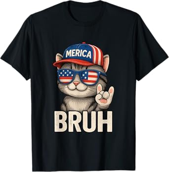 Bruh Fourth 4th Of July Cute Cat American Patriotic Boys Men T-Shirt