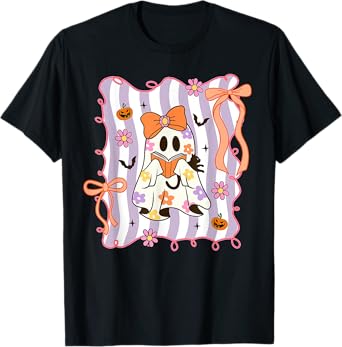 Preppy Coquette Bow Ghost Reading Books Halloween Book T-Shirt