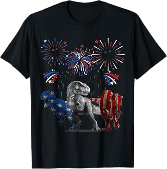 Red White Blue T Rex Dinosaur Firework 4th Of July T-Shirt for Women Kids Men