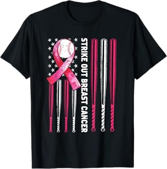 Strike Out Breast Cancer Baseball Lover Pink American Flag T-Shirt