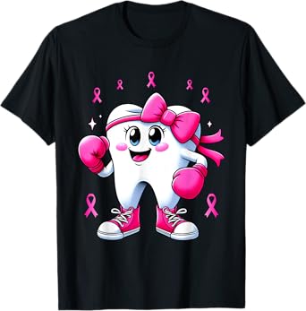 Cute Tooth Boxing Gloves Breast Cancer Awareness Pink Ribbon T-Shirt