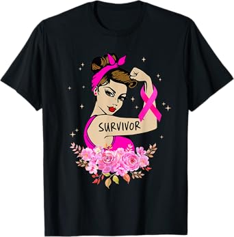 Breast Cancer Survivor Rosie Riveter Pink Awareness Women T-Shirt