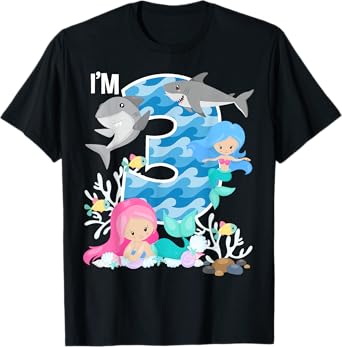 Ocean Sharks and Mermaids 3rd Birthday 3 Year Old Sea Party T-Shirt