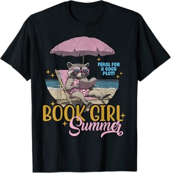 Girl Reading Book Summer Funny Beach Raccoon For Book Lover T-Shirt
