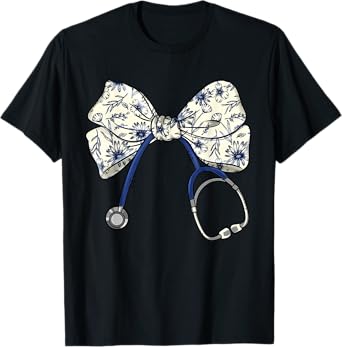 Floral Blue Coquette Bow Nurse Stethoscope Nursing Doctor T-Shirt
