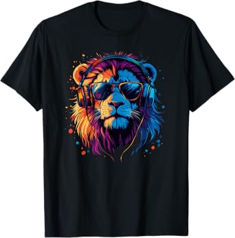 Lion Music Headphones Colourful Animal Motif Art Big Cat T-Shirt