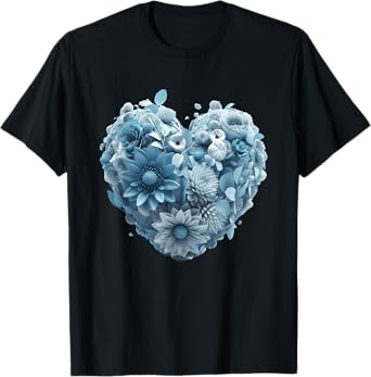 Cute Light Blue Heart Graphic Made of Flowers For Women Girl T-Shirt