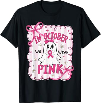 October We Wear Pink Ghost Breast Cancer Awareness Halloween T-Shirt