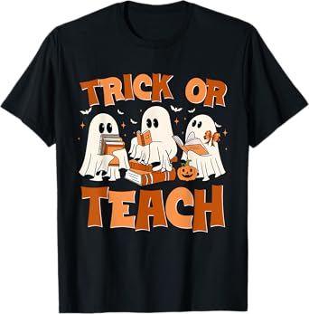 Trick Or Teach Groovy Floral Ghost Teacher Halloween Ghost T-Shirt