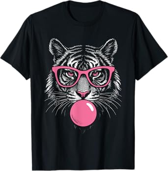 Tiger Face Pink Sunglasses Wild Animal Jungle Women Girls T-Shirt