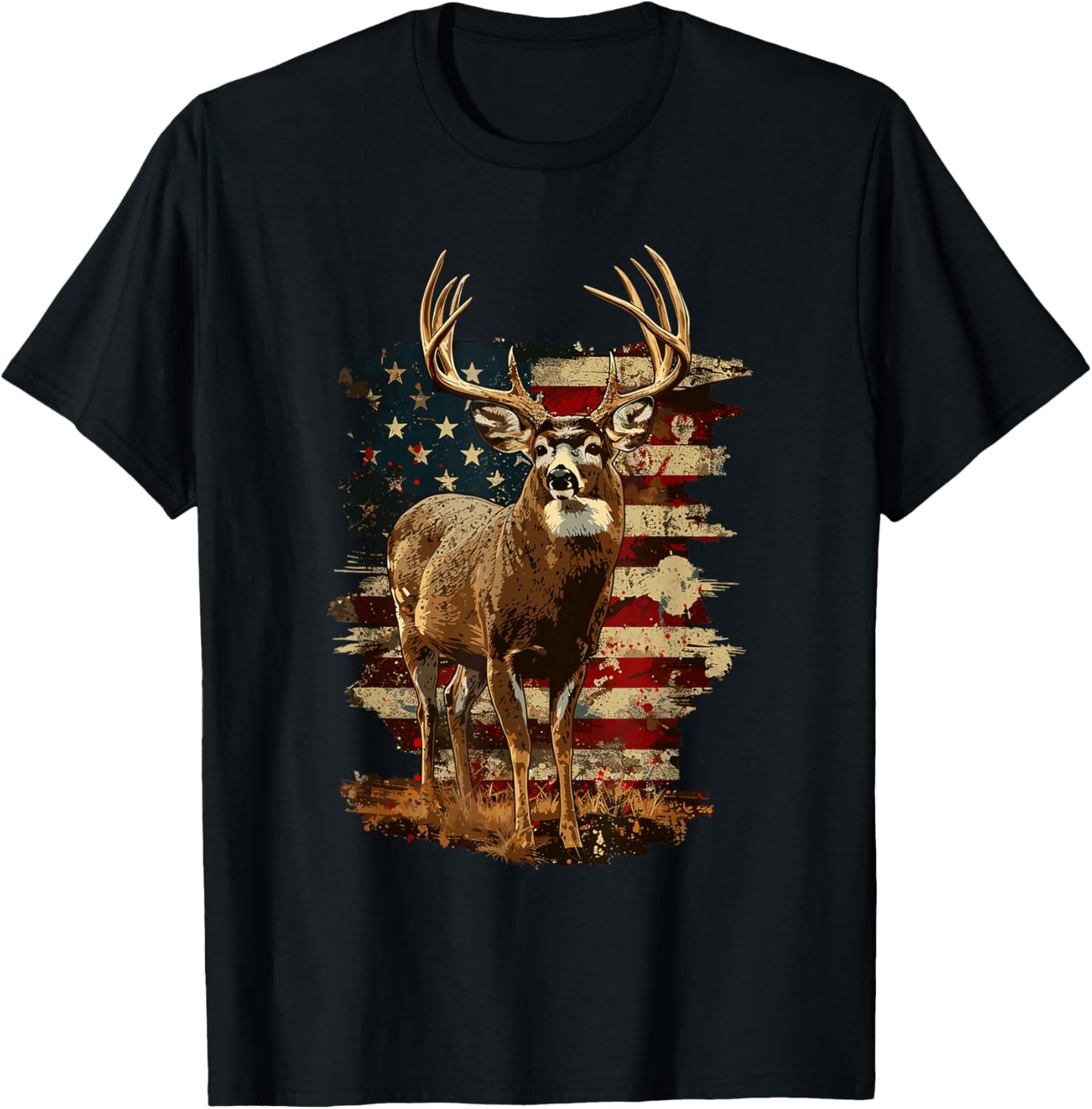 Whitetail Buck Deer Hunting 4th Of July USA American Flag T-Shirt