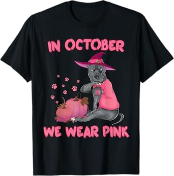 In October We Wear Pink Pitbull Dog Breast Cancer Halloween Men Women Girls Kids T-Shirt