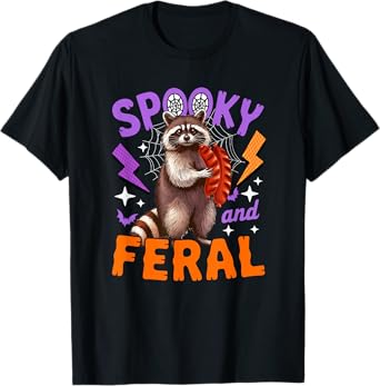 Spooky And Feral Halloween Raccoon Eating Sausage Lover Kids T-Shirt