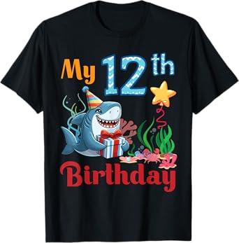 Shark Swimming Presents Happy My 12th Birthday 12 Years Old T-Shirt