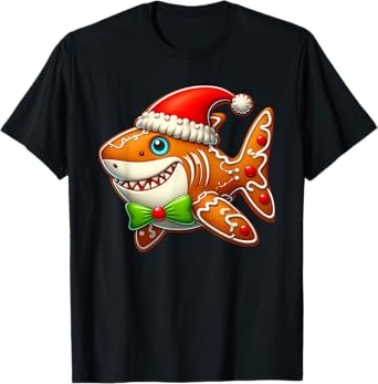 Funny Gingerbread Man Shark Christmas Womens Mens Kids T-Shirt