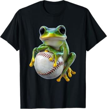 Green Frog Hugging Baseball Cute Funny Sports Animal Design T-Shirt