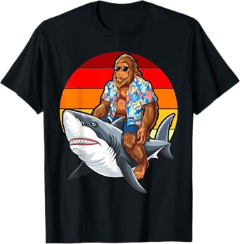 Bigfoot Riding Shark Funny Bigfoot Riding Shark Lover Beach T-Shirt