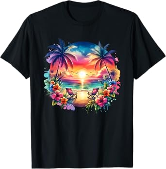 Tropical Island Beach Wave Sunset Scene T-Shirt