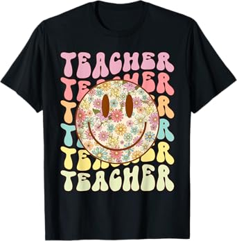 Groovy Retro Teacher Floral Smile Face Back To School T-Shirt