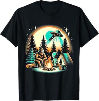 Funny Bigfoot & Alien UFO Camping Outdoor Adventures Hiking T-Shirt
