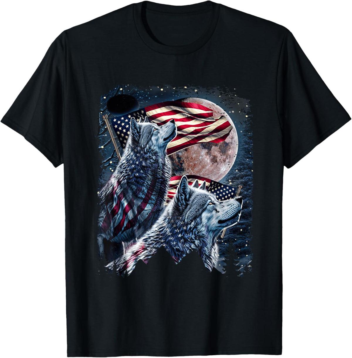 Wolf 4th of July American Flag Howling Wolves Under Moon T-Shirt
