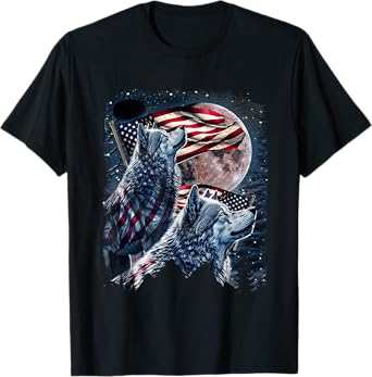 Wolf 4th of July American Flag Howling Wolves Under Moon T-Shirt
