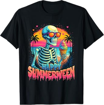 Summer Watermelon Jack-o-lantern Happy Summerween Skeleton T-Shirt