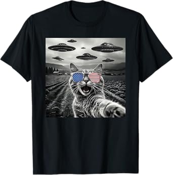 4th Of July Cat Selfie With Alien UFO USA Flag Sunglasses Men Women Kids T-Shirt