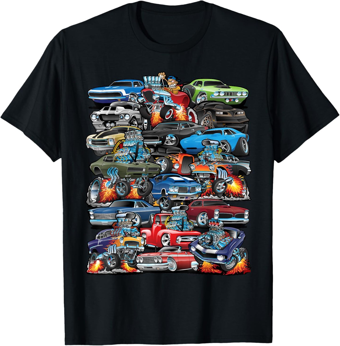 Car Madness! Muscle Cars Classic Cars and Hotrods Cartoon T-Shirt