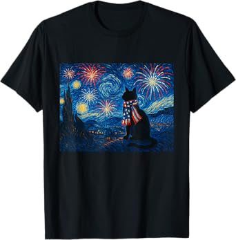 Cat Starry Night Van Gogh 4th of July Patriotic Cat Lover Men Women Kids T-Shirt