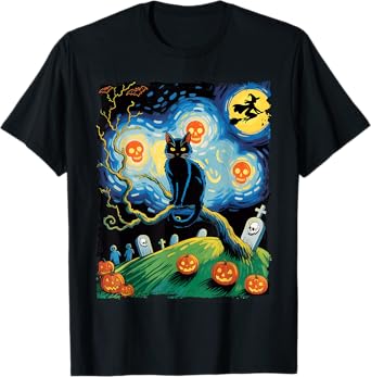 Halloween Van Gogh Starry Night Pumpkin Black Cat Costume T-Shirt