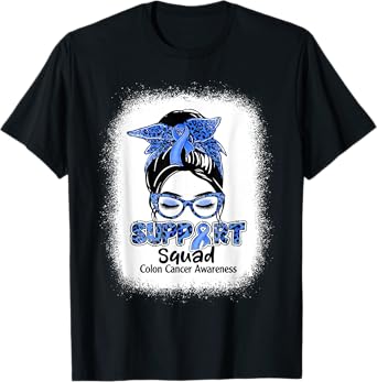 Support Squad Messy Bun Blue Ribbon Colon Cancer Awareness T-Shirt