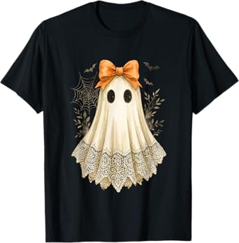 Cute Lace Ghost Bow Floral Spooky Women Funny Halloween T-Shirt