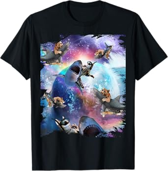 Space Cat Riding Shark Galaxy Rainbow Cats on Sharks T-Shirt for Men Women Kids