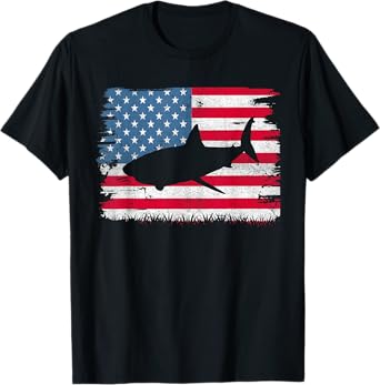 Shark American Flag USA 4th of July Men Women Boys Girls T-Shirt