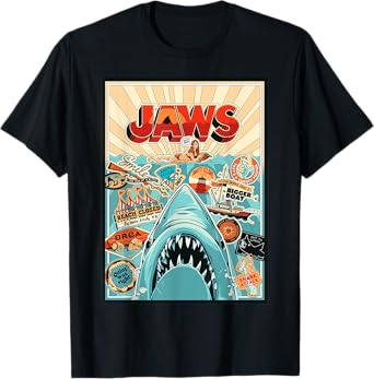Jaws 50th Anniversary Poster Amity Sticker Collage 2-Sided T-Shirt